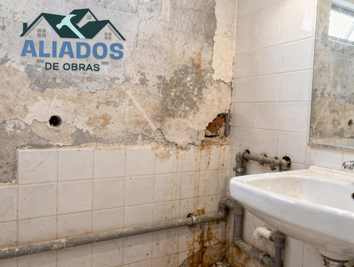 Inspección de tuberías y humedad en un baño antiguo