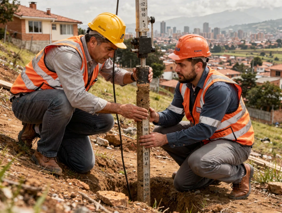 Ingeniero revisando un suelo de obra en un lote de Bogotá