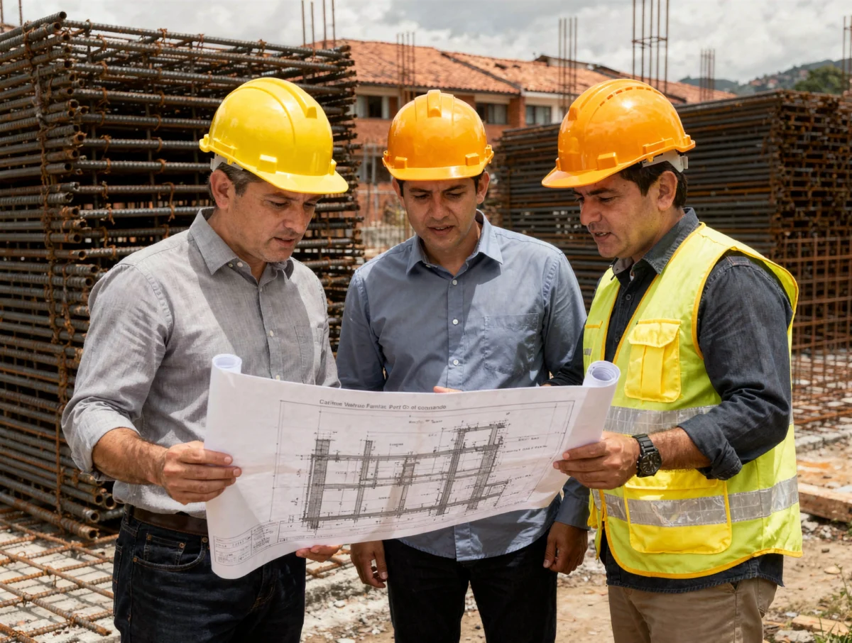 Equipo técnico revisando planos de cimentación