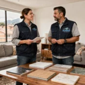 Profesionales revisando muestras de acabados en un apartamento de Bogotá