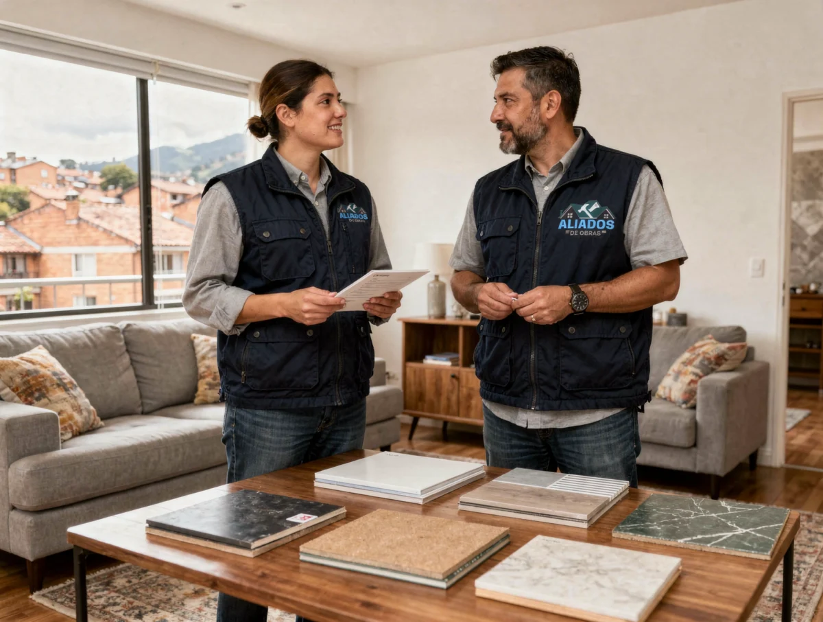 Profesionales revisando muestras de acabados en un apartamento de Bogotá