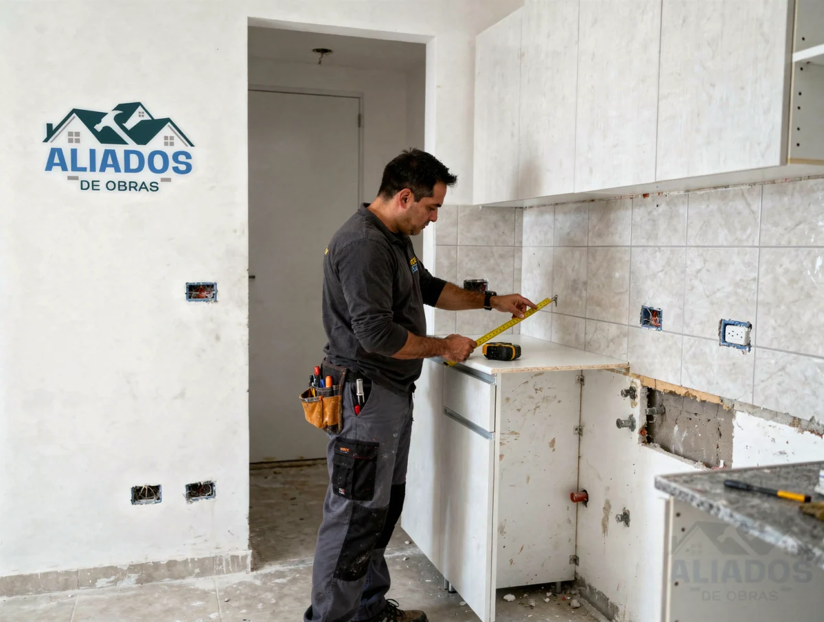 Medición de baño y cocina en un apartamento en obra