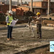 Construcción de casas en Barrios Unidos con un maestro revisando el replanteo y el nivel del lote.