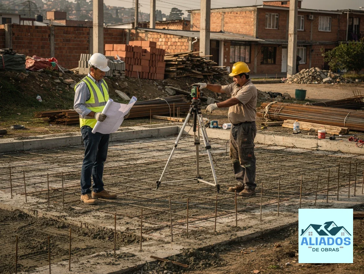 Construcción de casas en Barrios Unidos con un maestro revisando el replanteo y el nivel del lote.