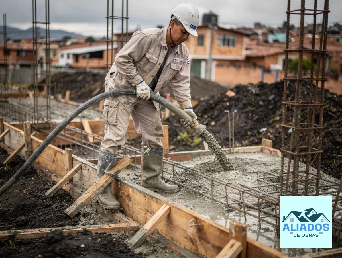 Vaciado de concreto en una cimentación residencial con formaleta y acero expuesto.