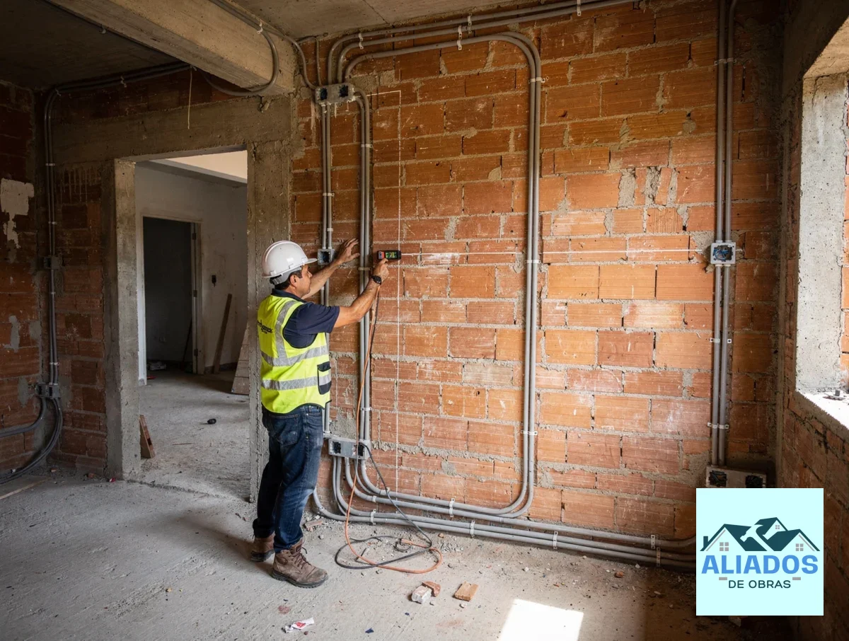 Construcción de casas en Barrios Unidos con muros en obra y un maestro marcando instalaciones.