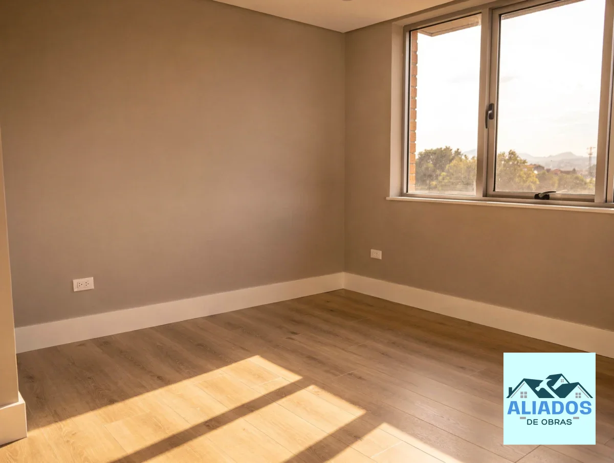Sala terminada con pintura nueva y piso instalado en una vivienda moderna.