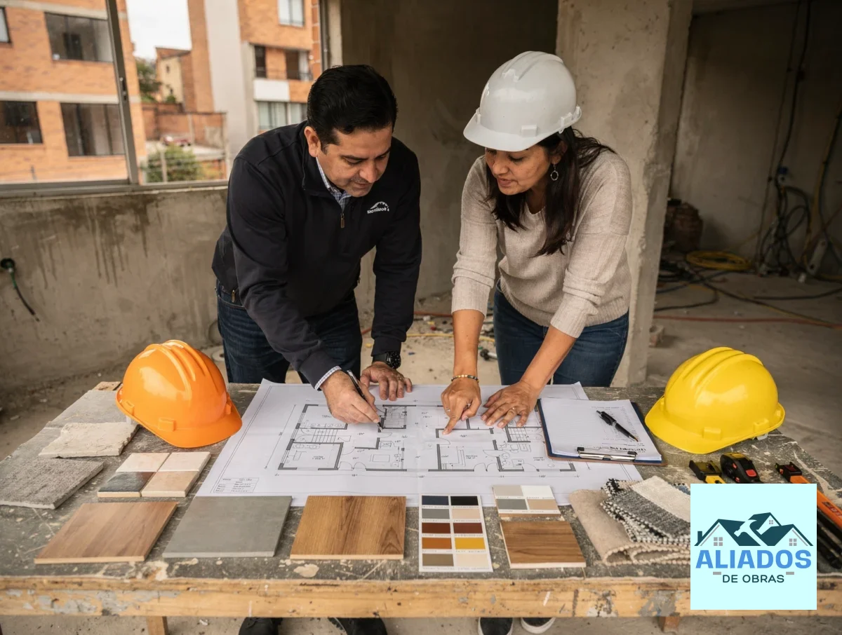 Revisión de planos y muestras de acabados en una reunión de obra.