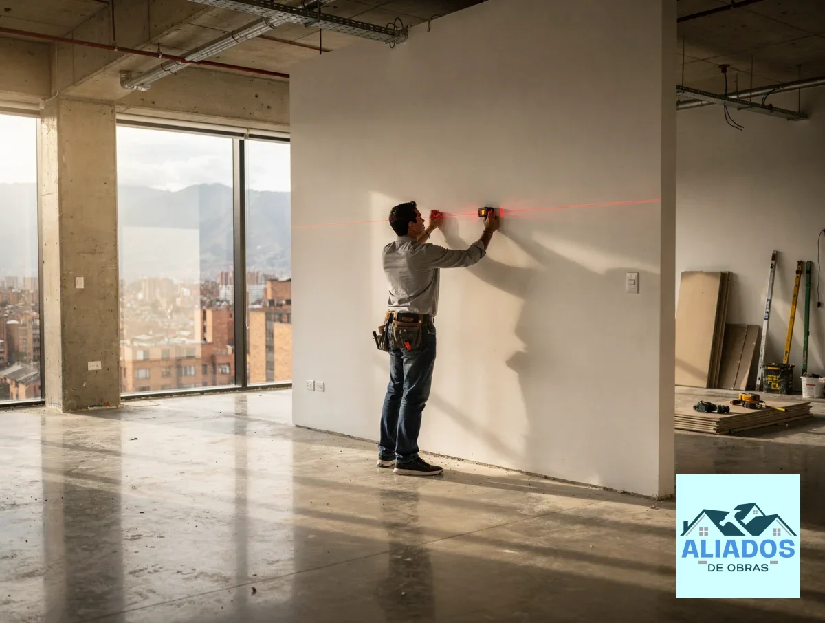 Arquitecto marcando la distribución de un espacio vacío con nivel láser
