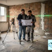 Obras civiles en Suba con un supervisor revisando planos y nivel láser en un apartamento en obra