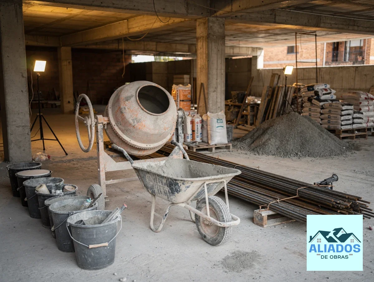 Herramientas y materiales de construcción organizados dentro de una obra