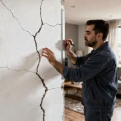 Técnico inspeccionando una pared con fisuras en un apartamento de Bogotá