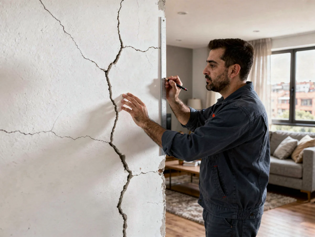 Técnico inspeccionando una pared con fisuras en un apartamento de Bogotá
