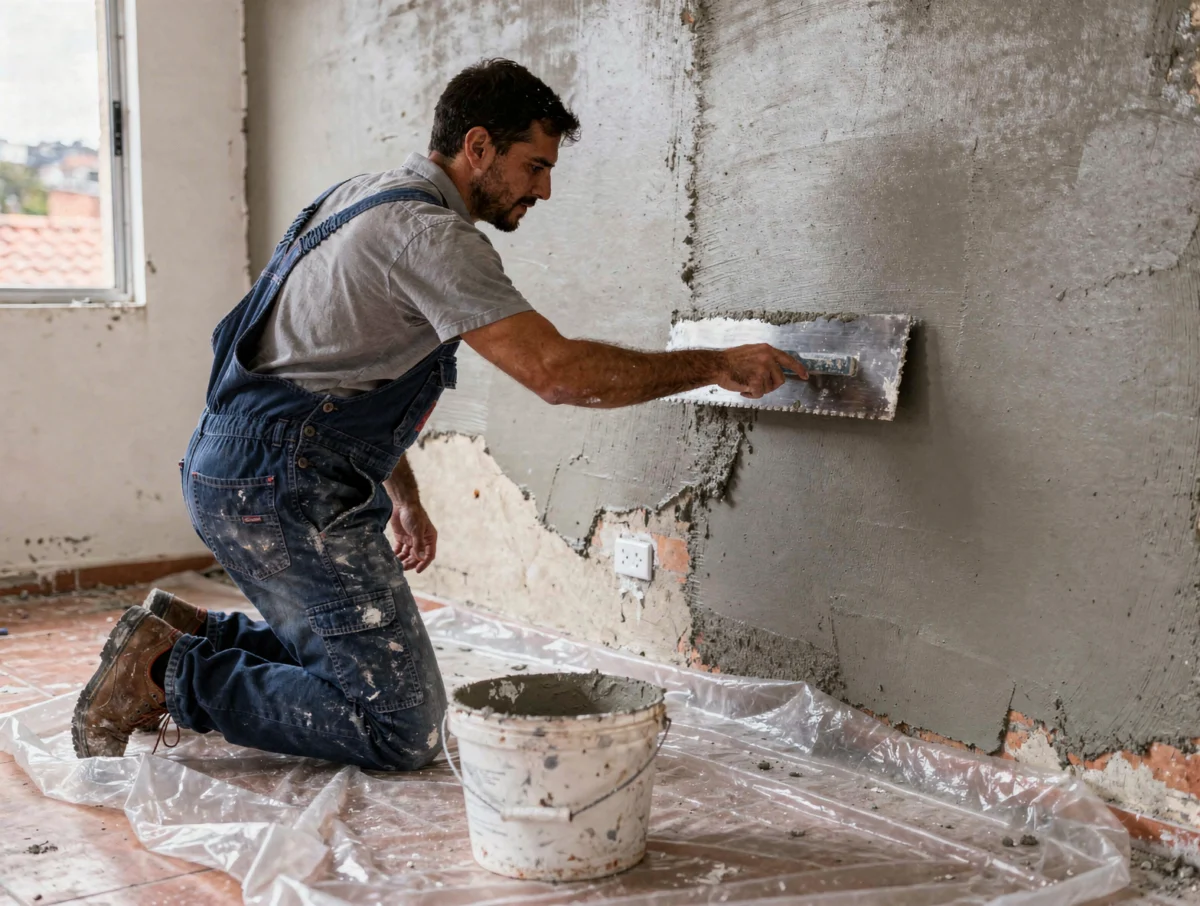 Aplicación de estuco sobre pared interior en Bogotá
