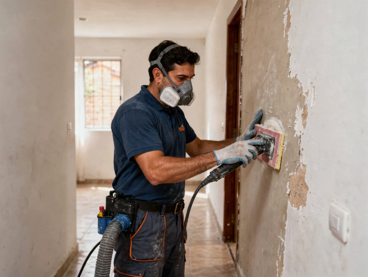 Lijado de pared reparada antes de pintar