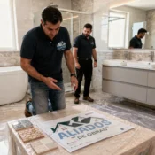 Técnico revisando remodelación de baños en Usaquén en un apartamento moderno