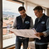 Contratista revisando planos de remodelación con un propietario en Bogotá