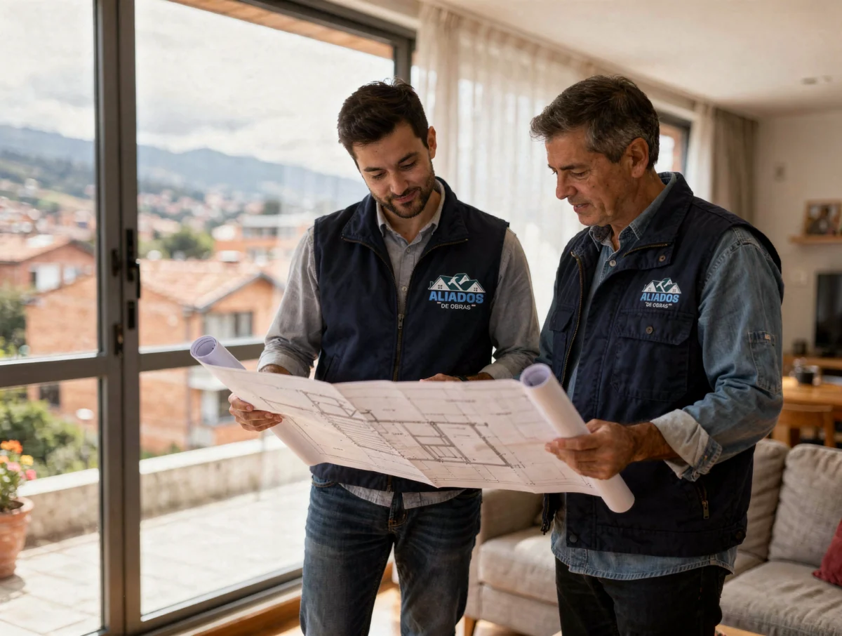 Contratista revisando planos de remodelación con un propietario en Bogotá